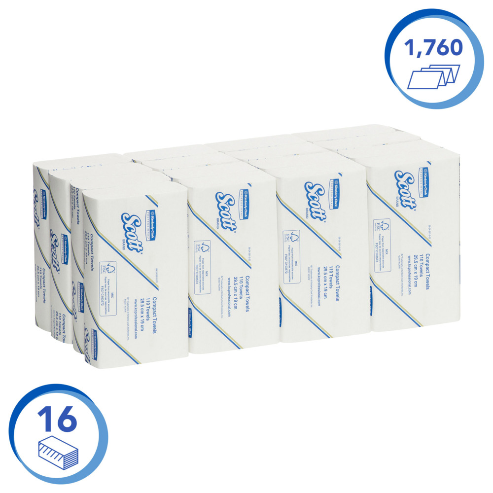 Scott® Control Compact Hand Towels (5855), White, 1-Ply Sheets, 16 Packs / Case, 110 Sheets / Pack (1760 Sheets) - 991058550