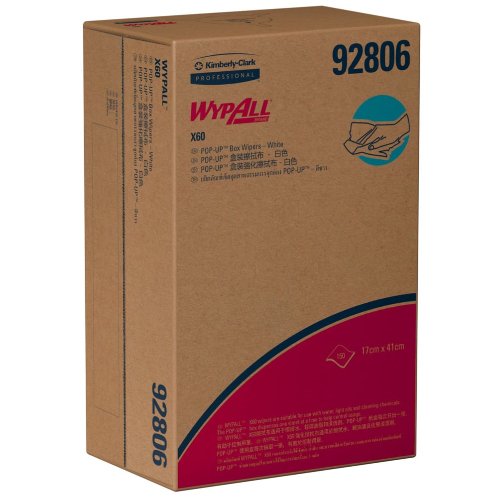 WypAll® X60 Wipers, Pop-Up Box (92806), White 1-Ply, 10 Boxes / Case, 150 Cloths / Box (1,500 Cloths) - S050428216