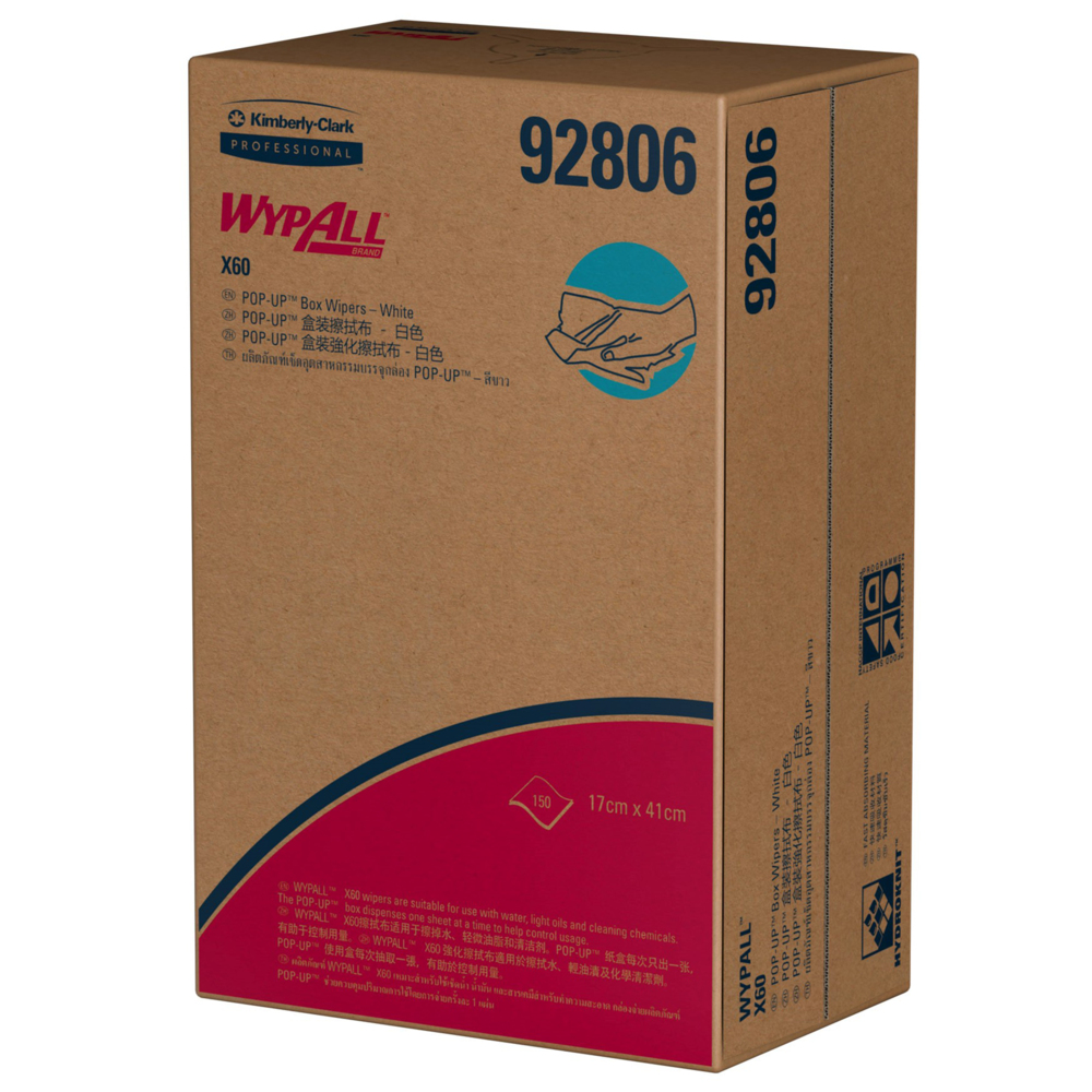 WypAll® X60 Wipers, Pop-Up Box (92806), White 1-Ply, 10 Boxes / Case, 150 Cloths / Box (1,500 Cloths) - S050428216