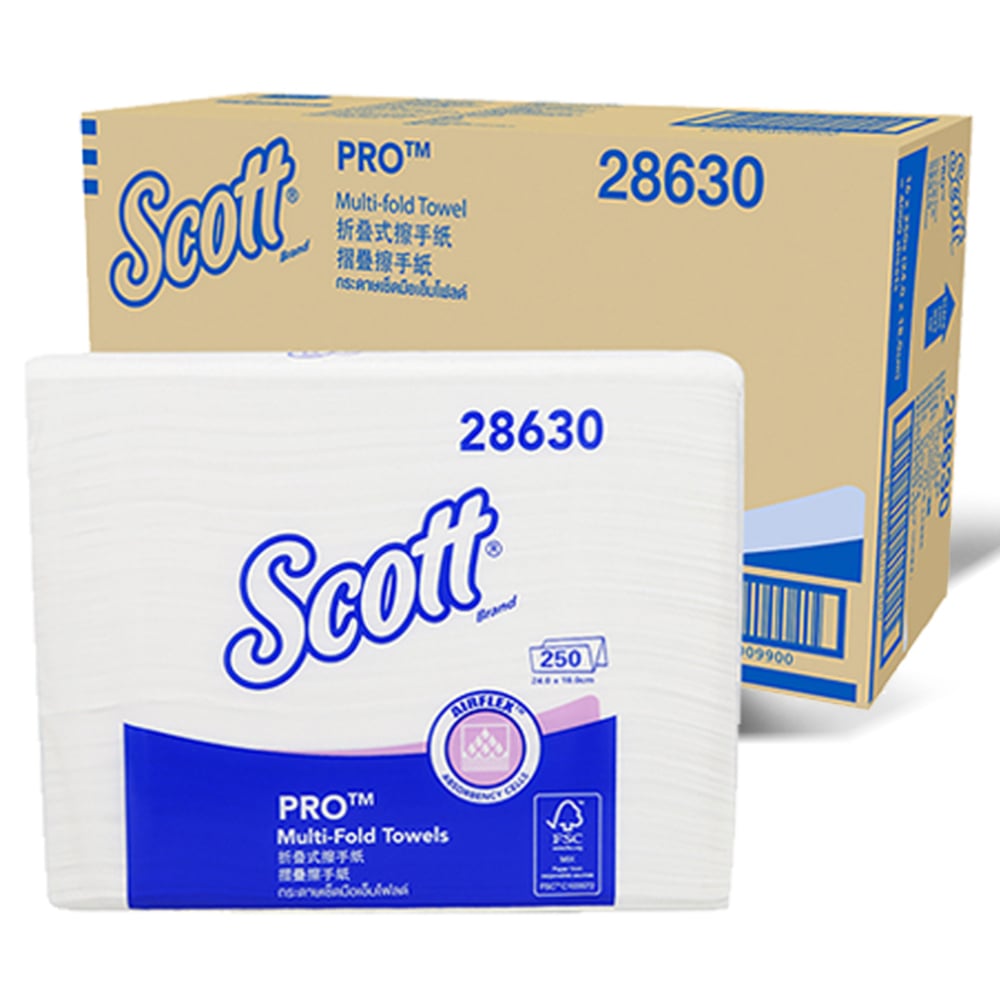 Scott® Multifold Paper Towels (28630), White 1-Ply, 16 Packs / Case, 250 Sheets / Pack (4,000 Sheets) - 28630 