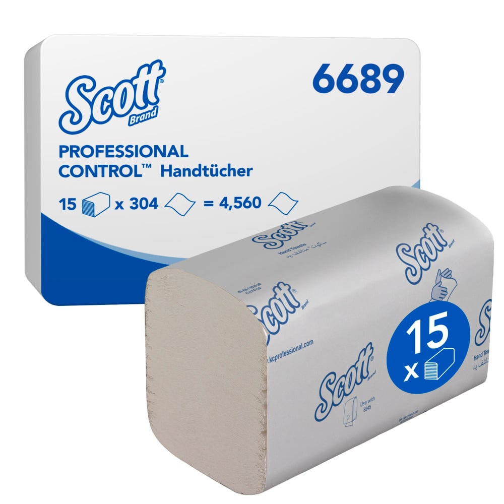 Scott® Control™ Сложенные полотенца для рук, код 6689, 15 упаковок x 304 белых одноразовых полотенец (итого 4 560 шт.) - 6689