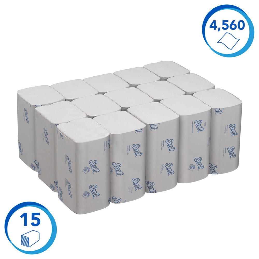 Scott® Control™ Сложенные полотенца для рук, код 6689, 15 упаковок x 304 белых одноразовых полотенец (итого 4 560 шт.) - 6689