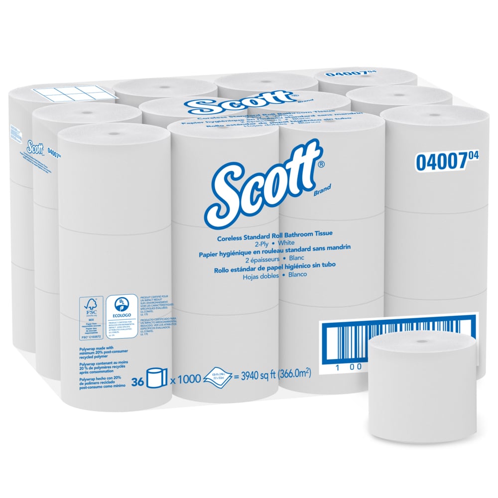 Papier hygiénique en rouleau standard sans mandrin Scott® Essential (04007), rouleaux standards 2 épaisseurs, 36 rouleaux/caisse, 1 000 feuilles/rouleau, 36 000 feuilles/caisse - 04007