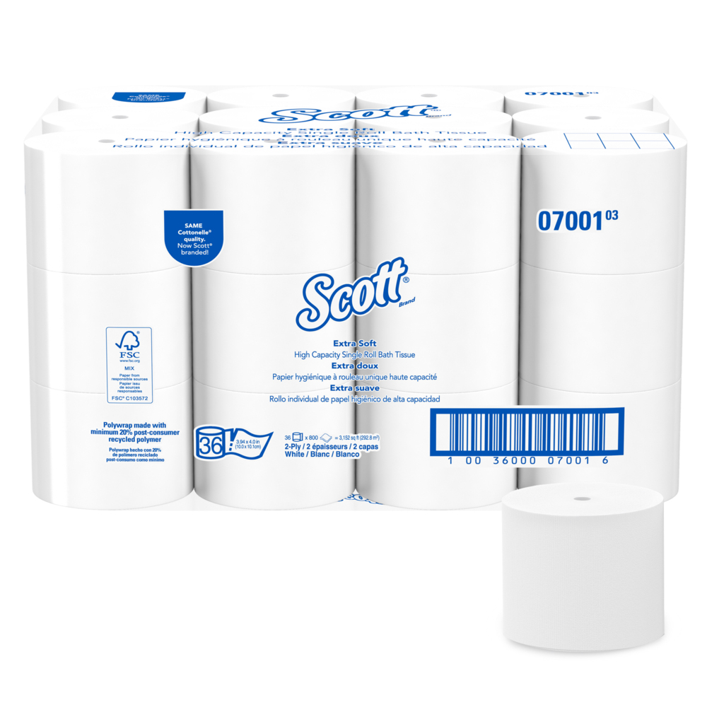 Scott® Coreless Extra Soft Standard Roll Toilet Paper (07001), Standard Rolls, 36 Rolls/Case, 800 Sheets/Roll, 28,800 Sheets/Case - 07001