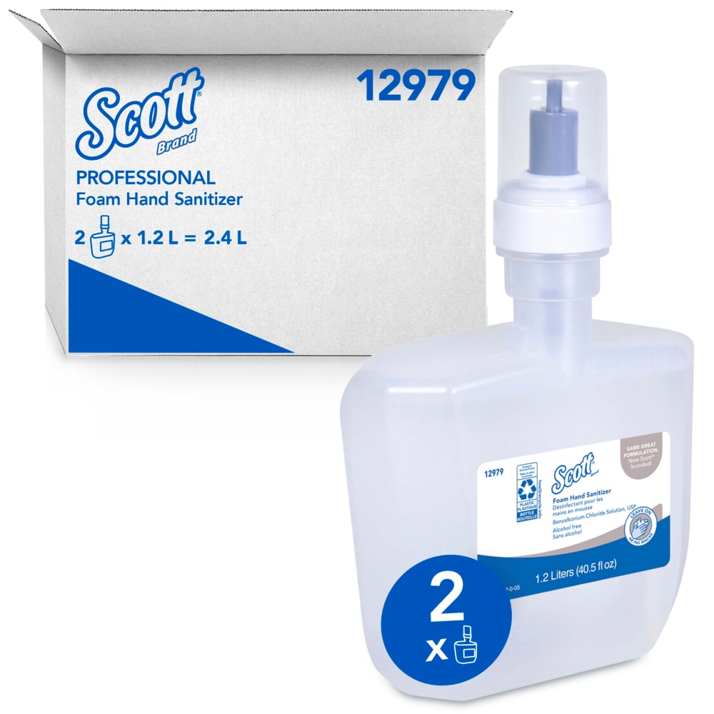 Scott® Essential Alcohol Free Foam Hand Sanitizer (12979), Clear, Unscented, 1.2 L Cassette for Electronic Dispenser, 2 / Case - 12979