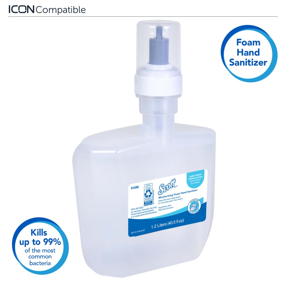 Scott® Pro Moisturizing Foam Hand Sanitizer, E-3 Rated (91590), Clear, Fresh Scent, 1.2 L, 2 Bottles/Case - 91590