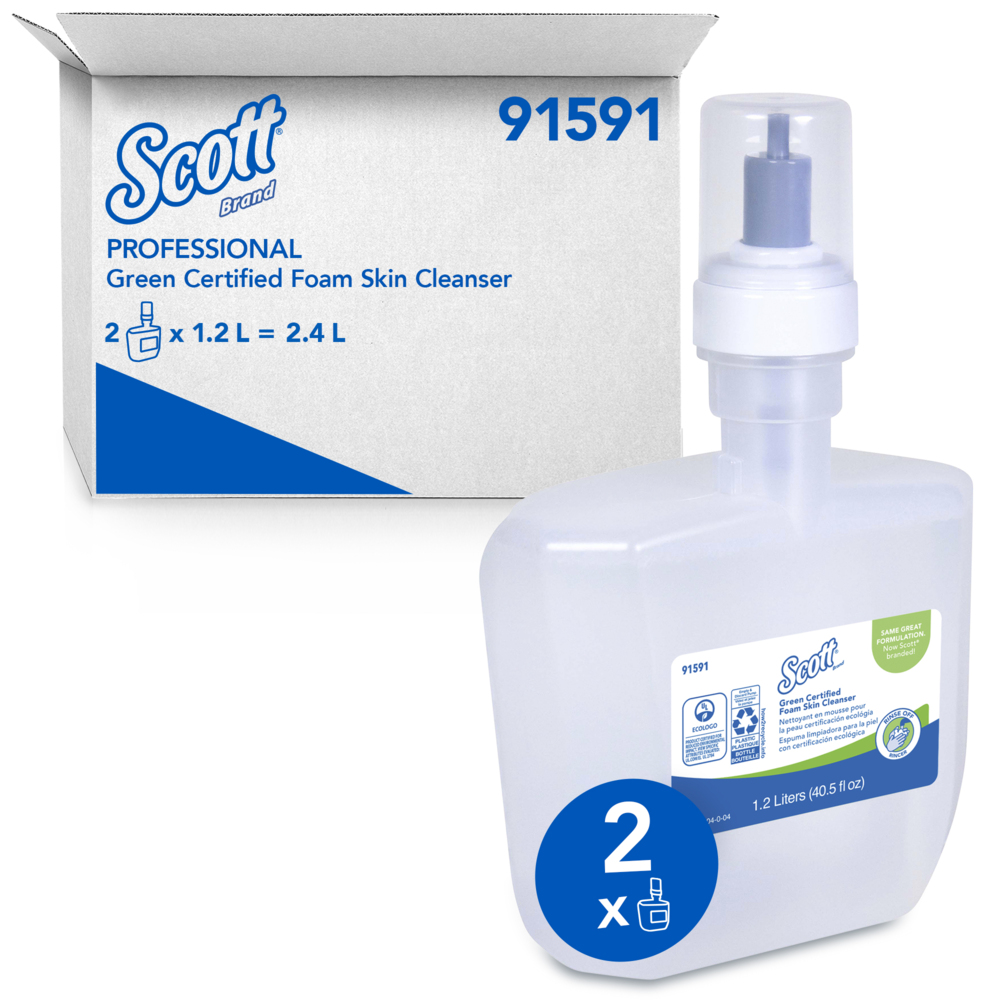 Scott® Green Certified Foaming Hand Soap (91591), Unscented, Clear, 1.2 L, 2 Packages / Case - Same Kleenex® quality, now Scott® branded - 91591