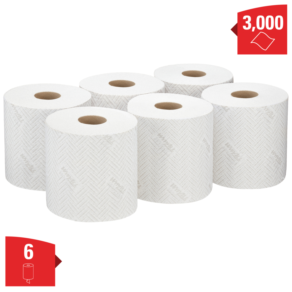 Essuyeurs en papier WypAll® L10 General Clean™ Magasins & Points de vente 7406 - Rouleau à dévidage central pour les distributeurs Reach PLUS™ et Roll Control™ - 6 rouleaux de 500 essuyeurs en papier blancs (3 000 pièces au total) - 7406