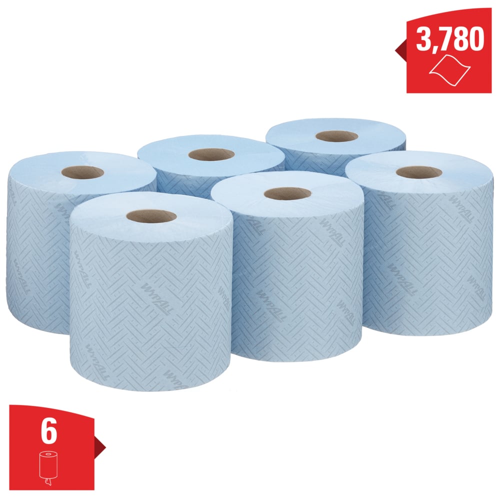 Essuyeurs en papier WypAll® General Clean™ Hygiène & Surfaces Alimentaires 7494 - Rouleau à dévidage central pour les distributeurs Reach PLUS™ et Roll Control™ - 6 rouleaux bleus de 630 essuyeurs en papier (3 780 pièces au total) - 7494