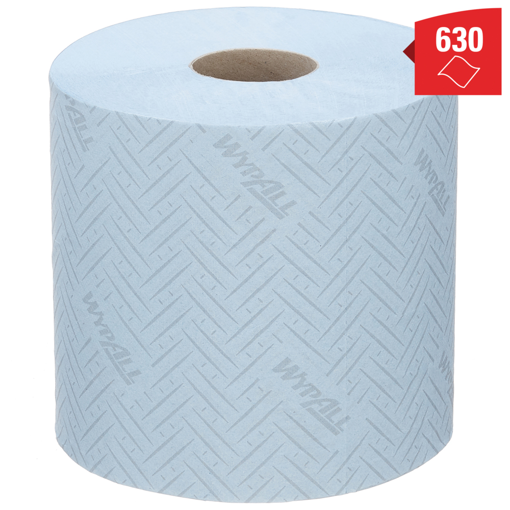 Essuyeurs en papier WypAll® General Clean™ Hygiène & Surfaces Alimentaires 7494 - Rouleau à dévidage central pour les distributeurs Reach PLUS™ et Roll Control™ - 6 rouleaux bleus de 630 essuyeurs en papier (3 780 pièces au total) - 7494