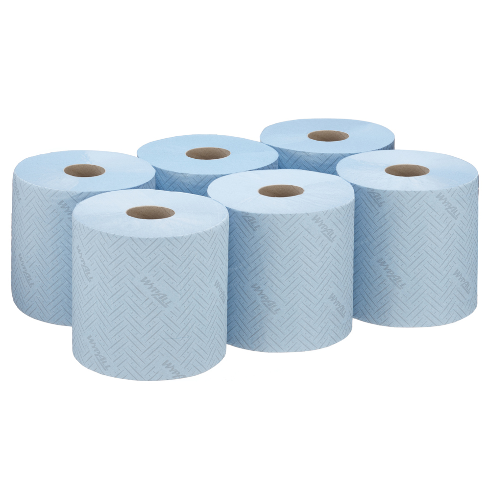 Essuyeurs en papier WypAll® General Clean™ Hygiène & Surfaces Alimentaires 7494 - Rouleau à dévidage central pour les distributeurs Reach PLUS™ et Roll Control™ - 6 rouleaux bleus de 630 essuyeurs en papier (3 780 pièces au total) - 7494