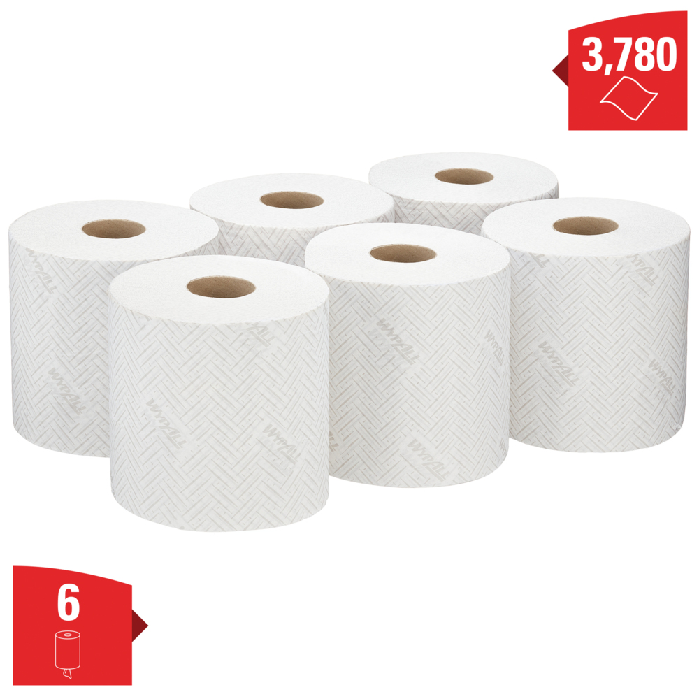 Essuyeurs en papier WypAll® General Clean™ Hygiène & Surfaces Alimentaires 7490 -Rouleau à dévidage central pour les distributeurs Reach PLUS™ et Roll Control™ - 6 rouleaux de 630 essuyeurs en papier blancs (3 780 pièces au total) - 7490