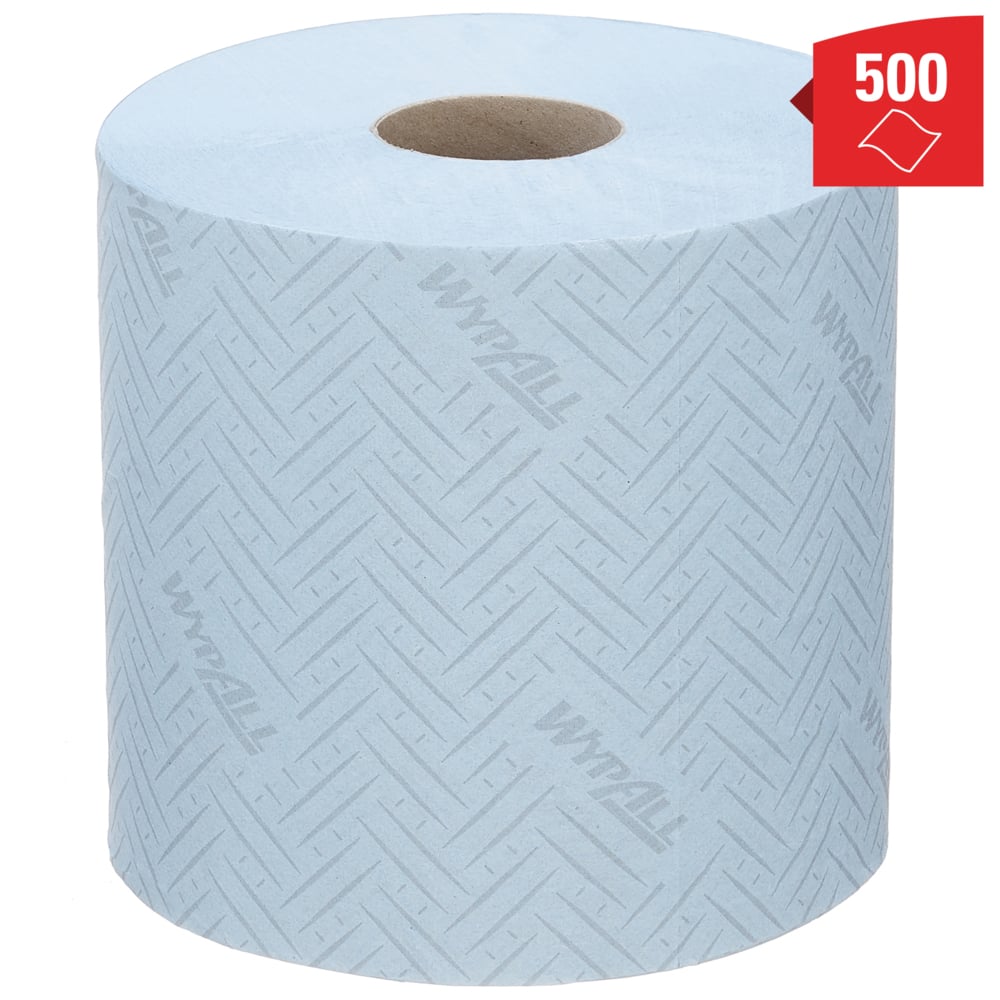 Essuyeurs en papier WypAll® L10 General Clean™ Magasins & Points de vente 7407 - Rouleau à dévidage central pour les distributeurs Reach PLUS™ et Roll Control™ - 6 rouleaux bleus de 500 essuyeurs en papier (3 000 pièces au total) - 7407