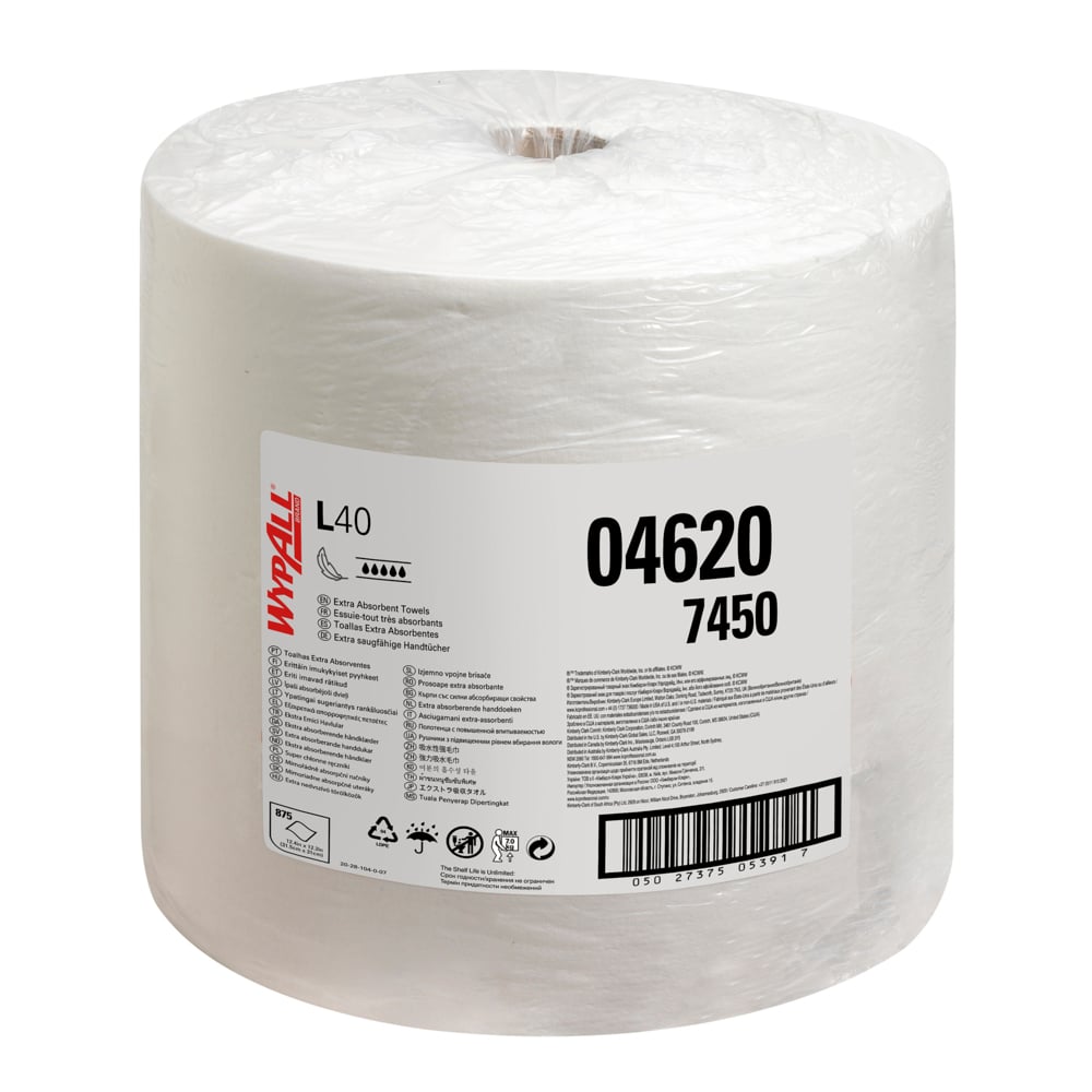 WypAll® L40 Large Roll Wipers 7450 - Industrial Wipers - 1 Jumbo Wiper Roll x 875 White Cleaning Wipes - 7450