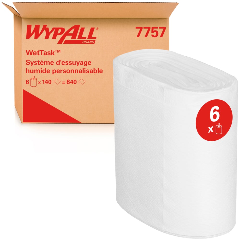Essuyeurs WypAll® Wettask™ pour solvants 7757 - Essuyeurs industriels - 6 rouleaux x 140 essuyeurs de nettoyage blancs (840 pièces au total) - 7757