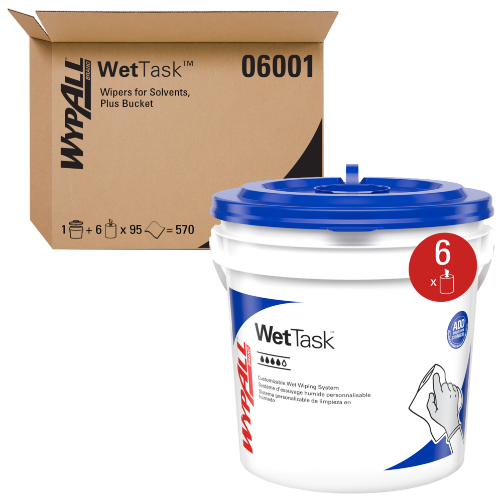 Système d’essuie-tout d’essuyage humide WetTask™  WypAll® Power Clean pour solvants (06001), 6 rouleaux/caisse, 95 feuilles/rouleau, 570 feuilles/caisse, seau compris