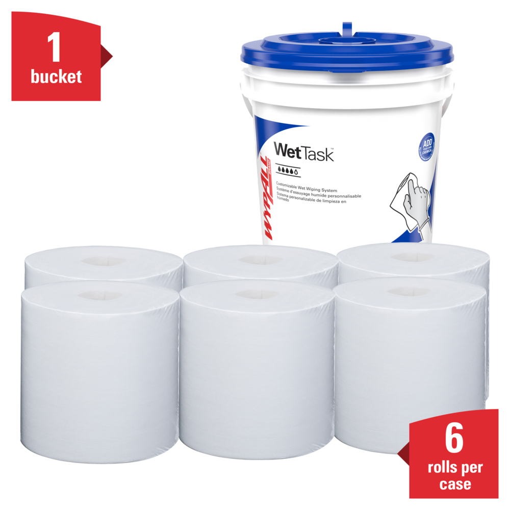 WypAll® Power Clean Wipers for Solvents, WetTask™ Customizable Wet Wiping System (06001), 6 Rolls/Case, 95 Sheets/Roll, 570 Sheets/Case, Bucket Included - 06001