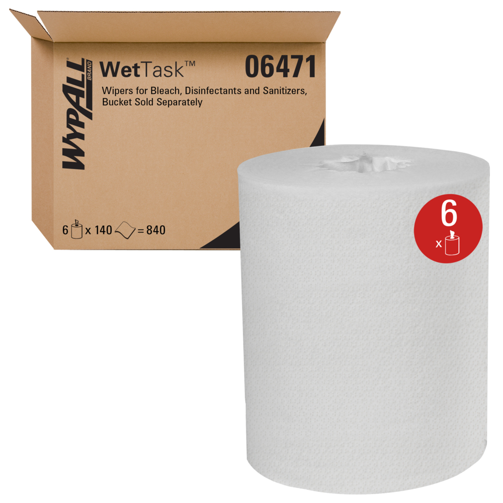 WypAll® Critical Clean Wipers for Bleach, Disinfectants, and Sanitizers, WetTask™ Customizable Wet Wiping System (06411), 6 Rolls/Case, 140 Sheets/Roll, 840 Sheets/Case, Bucket Not Included - 06471