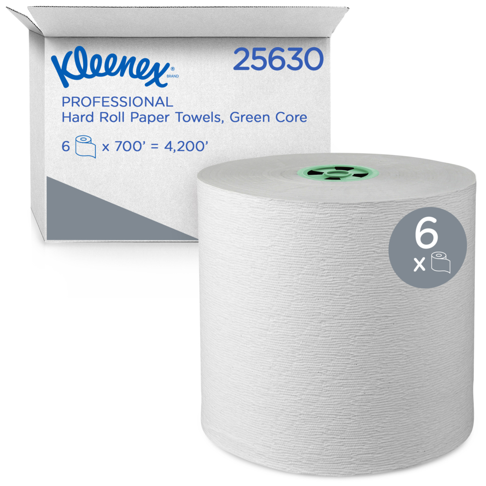 Kleenex® (formerly Scott® Pro Plus)  Hard Roll Paper Towels (25630) with Premium Absorbency Pockets, for Dispenser (Green-Colored Core), 700’ / Roll, 6 White Rolls / Case, 4,200 feet - 25630