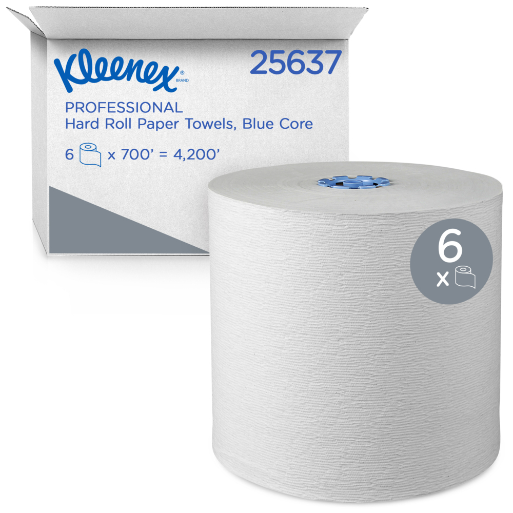 Kleenex® Hard Roll Paper Towels (25637) with Premium Absorbency Pockets, White, for Dispenser (Blue-Core), 700’/Roll, 6 Rolls/Case, 4,200'/Case - 25637