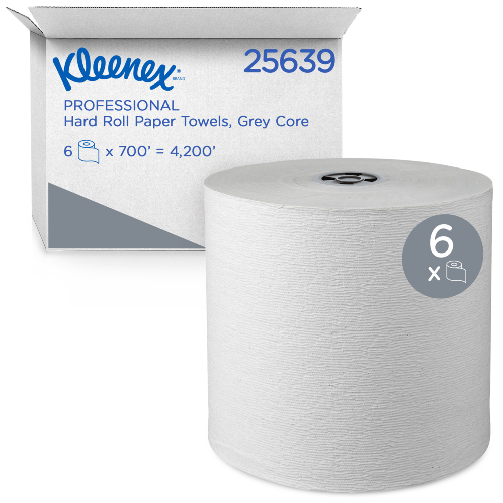 Kleenex® Hard Roll Paper Towels (25639) with Premium Absorbency Pockets, White, for Dispenser (Grey-Core), 700’/Roll, 6 Rolls/Case, 4,200'/Case - 25639