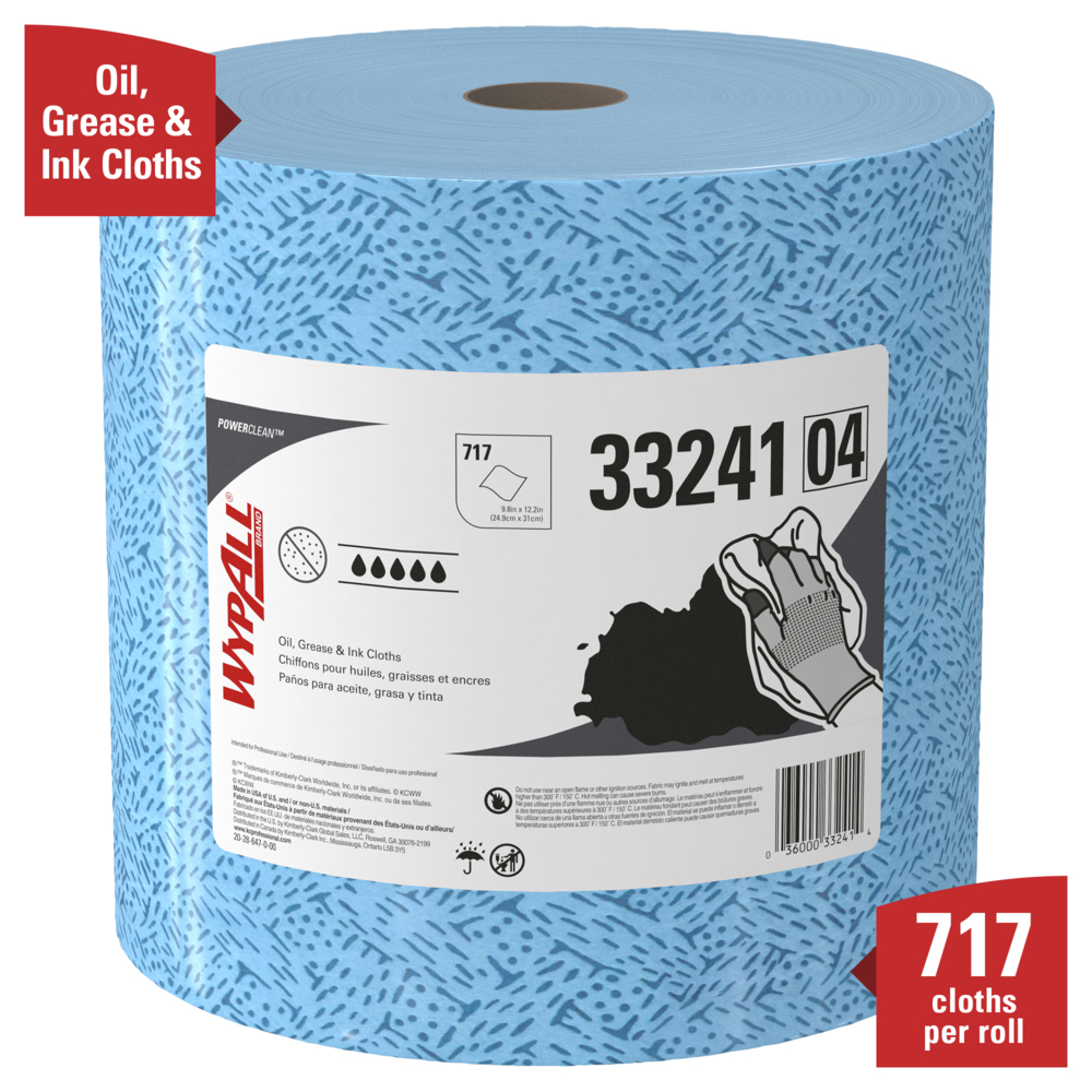 WypAll® Power Clean Oil, Grease & Ink Cloths (33241), Disposable, Lint-Free, Blue, 1 Jumbo Roll of 717 Sheets - 33241