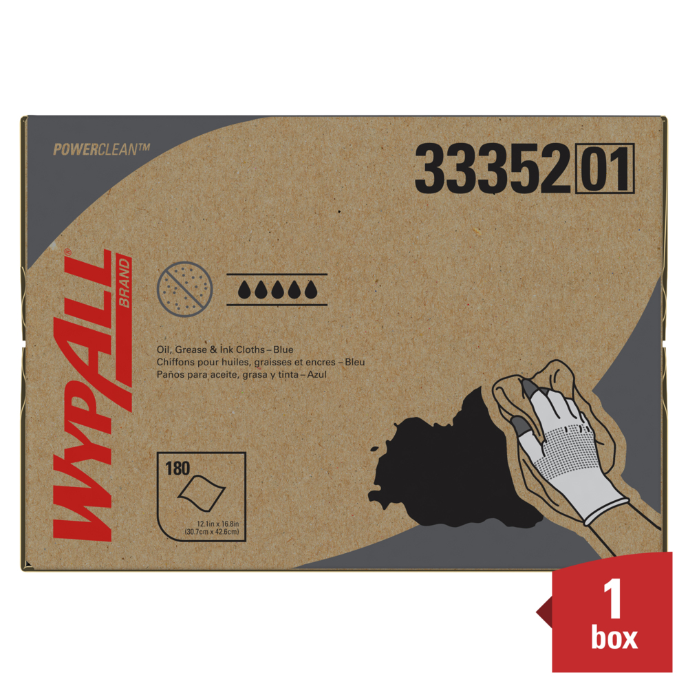 WypAll® Power Clean Oil, Grease & Ink Cloths (33352), Disposable, Lint-Free, Blue, 1 Large Brag Box of 180 Sheets  - 33352