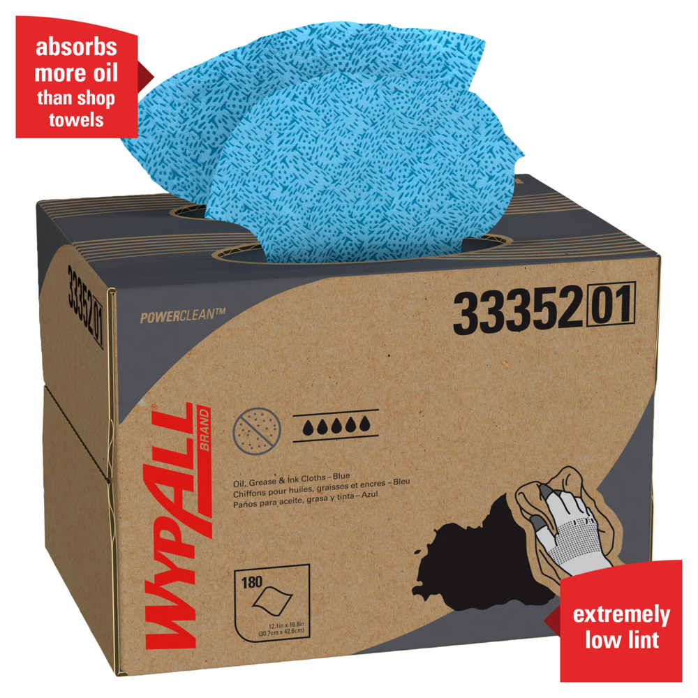WypAll® Power Clean Oil, Grease & Ink Cloths (33352), Disposable, Lint-Free, Blue, 1 Large Brag Box of 180 Sheets  - 33352