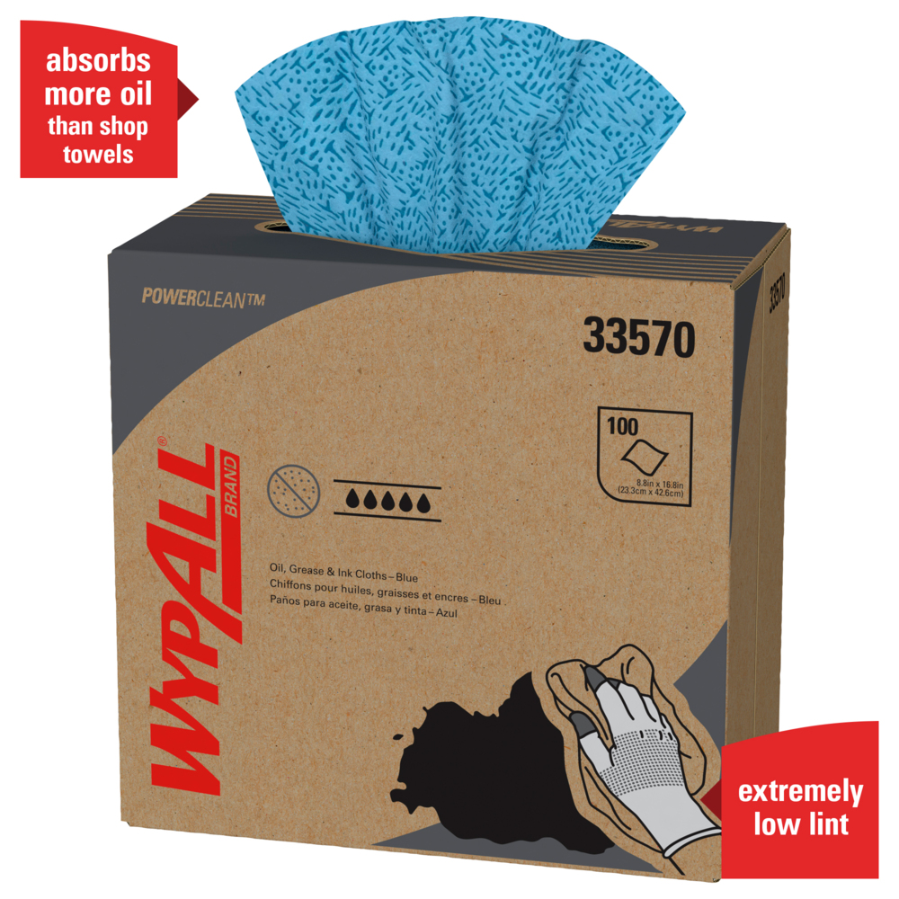 WypAll® Power Clean Oil, Grease & Ink Cloths (33570), Disposable, Lint-Free, Blue, 5 Pop-Up Boxes/Case, 100 Sheets/Box, 500 Sheets/Case - 33570