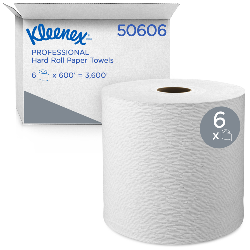 Kleenex® Hard Roll Paper Towels (50606) with Premium Absorbency Pockets, 1.75" Core, White, 600'/Roll, 6 Rolls/Case, 3,600'/Case