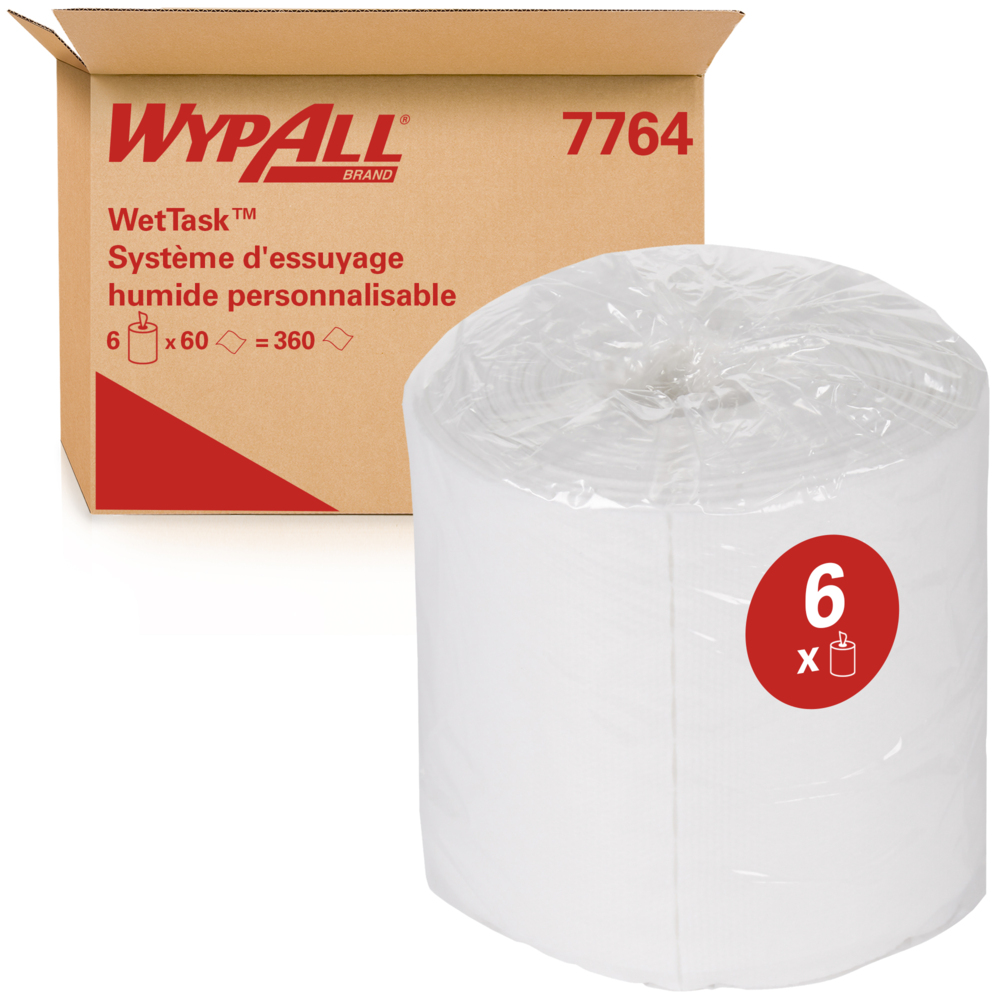 Essuyeurs WypAll® Wettask™ 7764 - Essuyeurs industriels - 6 rouleaux x 60 lingettes de nettoyage blanches (360 pièces au total) - 7764