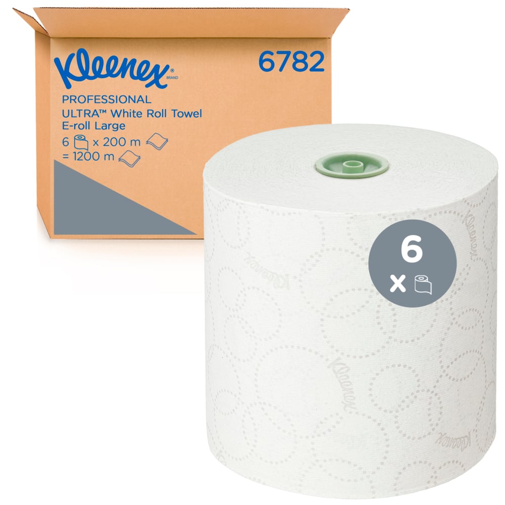 Kleenex® Ultra™ Papierhandtücher auf Rollen, 6782 – E-Roll-Großrolle für 2-lagige Handtücher – 6 x 200 m weiße Papierhandtuchrollen (insg. 1.200 m) - 6782