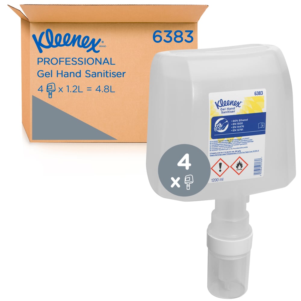 Kleenex® Alcohol Hand Sanitiser Gel 6383 - 4 x 1.2 Litre Clear Hand Sanitiser Refills (4.8 Litres Total) - 6383