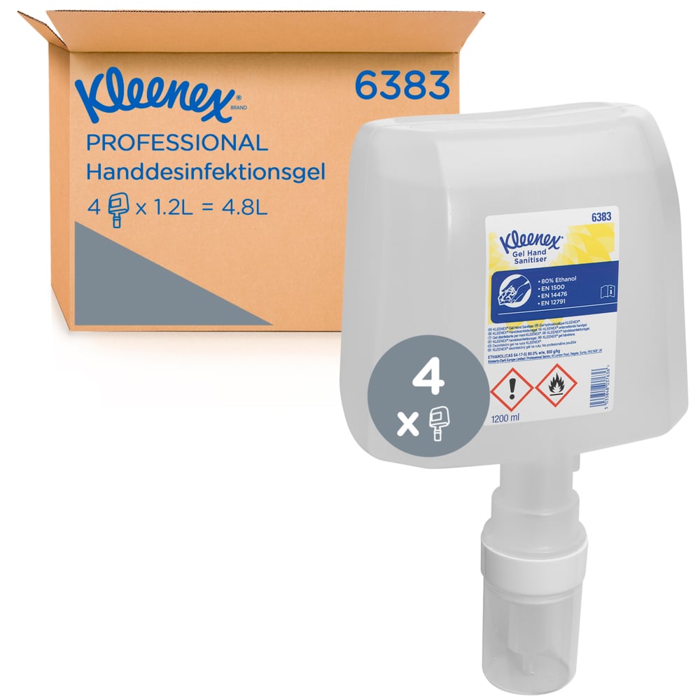 Gel désinfectant pour les mains à base d'alcool Kleenex® 6383 - 4 recharges de désinfectant pour les mains transparent de 1,2 litre (4,8 litres au total)