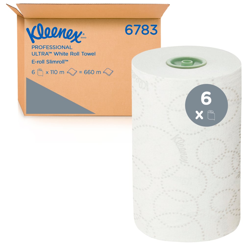 Kleenex® Ultra™ Slimroll™ Papierhandtücher auf Rollen 6783 – E-Roll-Rollenhandtücher, 2-lagig – 6 x 110 m weiße Papierhandtuchrollen (insg. 660 m) - 6783