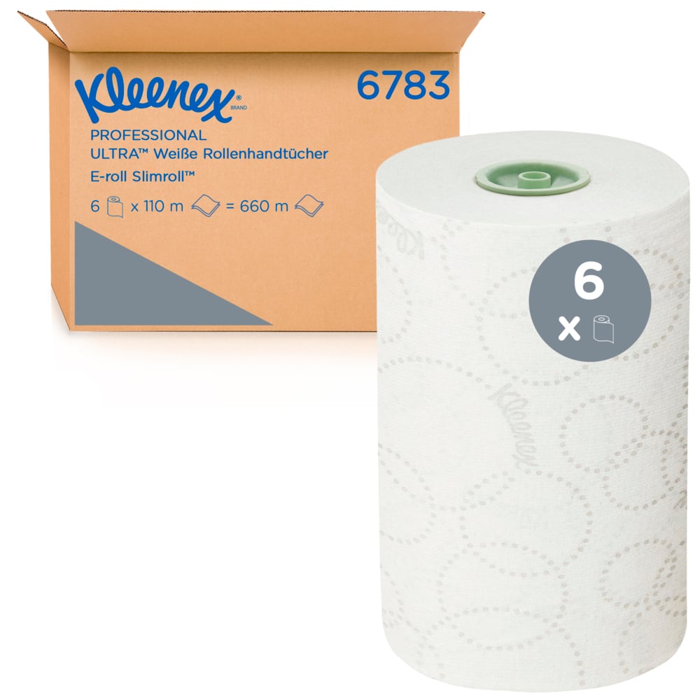 Rouleaux d'essuie-mains Kleenex® Ultra™ Slimroll™ 6783 - rouleaux d'essuie-mains en papier 2 plis E-Roll - 6 x rouleaux de 110 m d'essuie-mains en papier blanc (660 m au total) - 6783