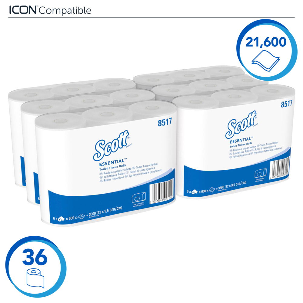Scott® Essential™ Standaardrol wc papier 8517 - 36 rollen x 600 witte, 2-laags vellen (21.600 vellen) - 8517
