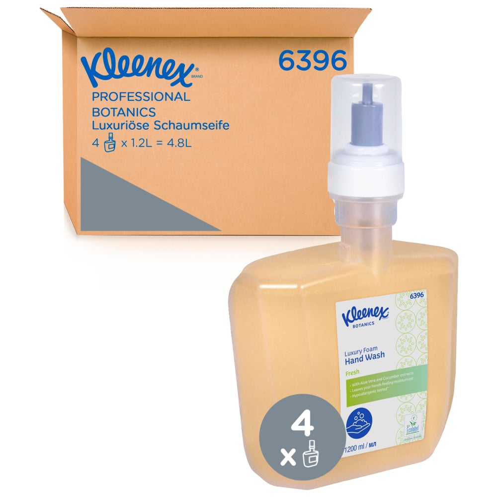 Savon mousse pour les mains Kleenex® Botanics™ Fresh 6396 - savon mousse parfumé pour les mains - 4 recharges x 1,2 litre de savon mousse transparent pour les mains (4,8 litres au total) - 6396