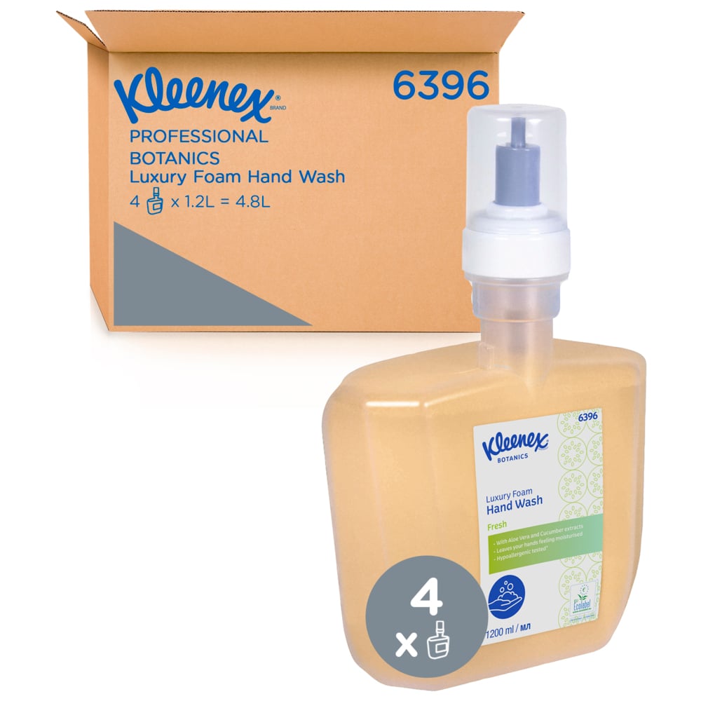 Kleenex® Botanics™ Fresh Luxury Foam Hand Wash 6396 - Scented Foaming Hand Cleanser - 4 x 1.2 Litre Clear Hand Wash Refills (4.8 Litre Total) - 6396