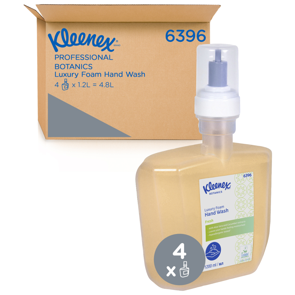 Kleenex® Botanics™ Fresh Luxury Foam Hand Wash 6396 - Scented Foaming Hand Cleanser - 4 x 1.2 Litre Clear Hand Wash Refills (4.8 Litre Total) - 6396