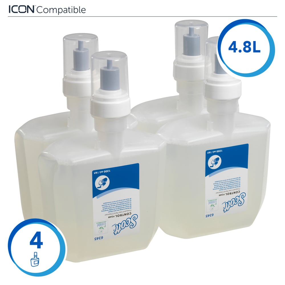 Scott® Control™ Foam Frequent Use Hand Cleanser 6345 - Unscented Foaming Hand Wash - 4 x 1.2 Litre Clear Hand Wash Refills (4.8 Litre total) - 6345