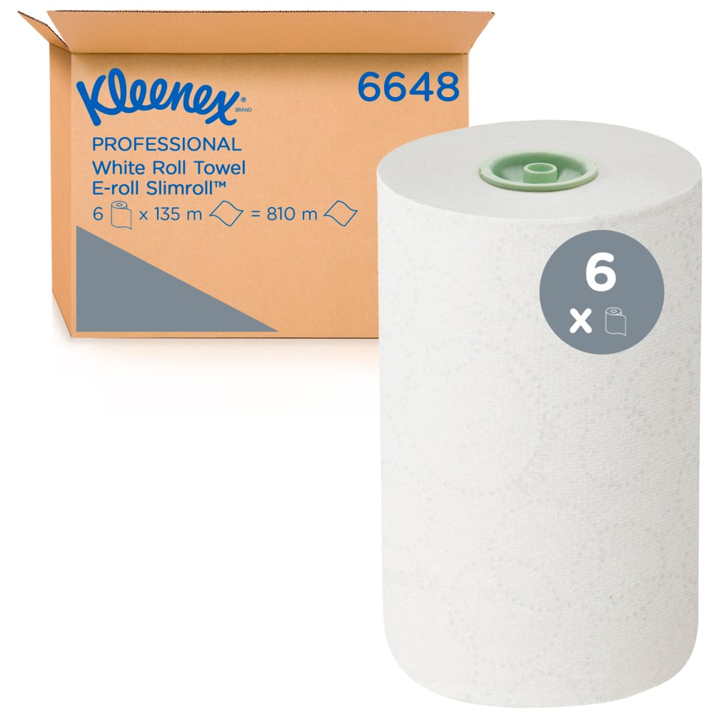 Kleenex® Slimroll™ Papierhandtücher auf Rollen 6648 – E-Roll-Rollenhandtücher – 6 x 135 m weiße Papierhandtuchrollen (insg. 810 m) - 6648