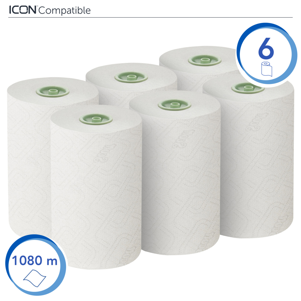 Rouleaux d'essuie-mains Scott® Essential™ Slimroll™ 6639 - rouleaux d'essuie-mains en papier E-Roll - 6 x rouleaux d'essuie-mains en papier blanc de 180 m (1 080 m au total) - 6639