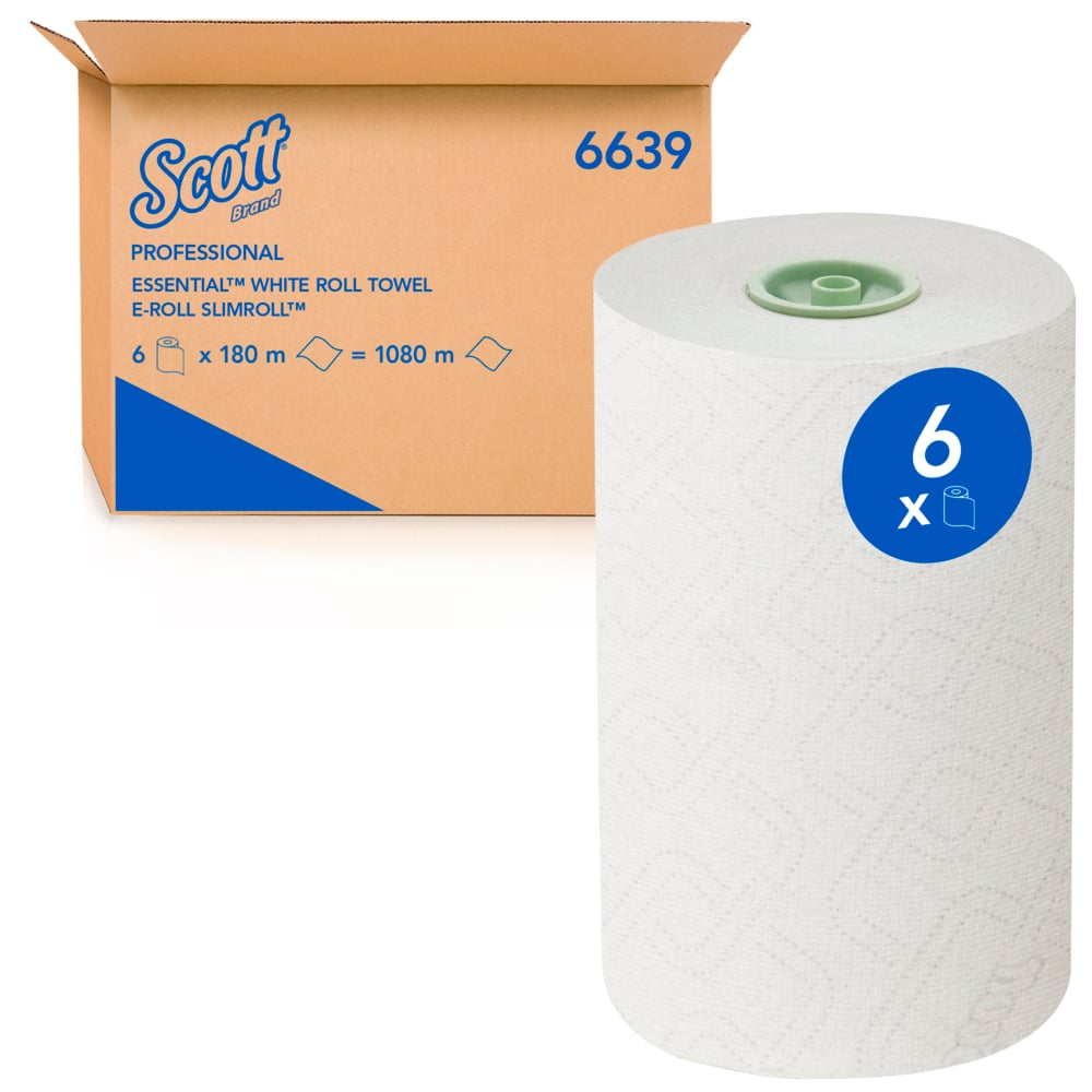 Rouleaux d'essuie-mains Scott® Essential™ Slimroll™ 6639 - rouleaux d'essuie-mains en papier E-Roll - 6 x rouleaux d'essuie-mains en papier blanc de 180 m (1 080 m au total) - 6639