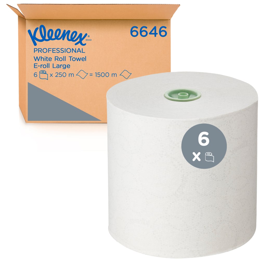 Kleenex® Papierhandtücher auf Rollen, 6646 – E-Roll-Großrolle für Handtücher – 6 x 250 m weiße Papierhandtuchrollen (insg. 1.500 m) - 6646