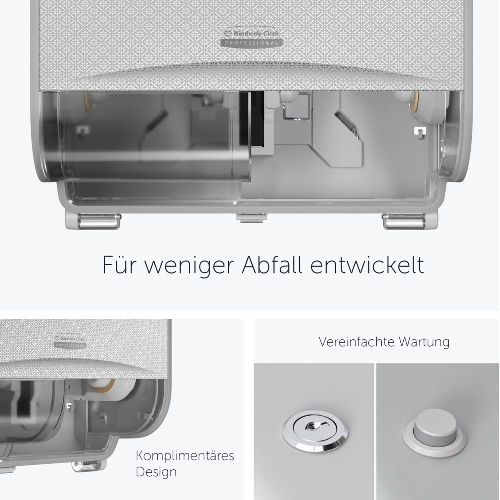 Distributeur de papier toilette standard Kimberly-Clark Professional™ ICON™ horizontal à 2 rouleaux (53655), boîtier gris avec façade Mosaïque Argentée ; 1 distributeur et façade par colis - 53655