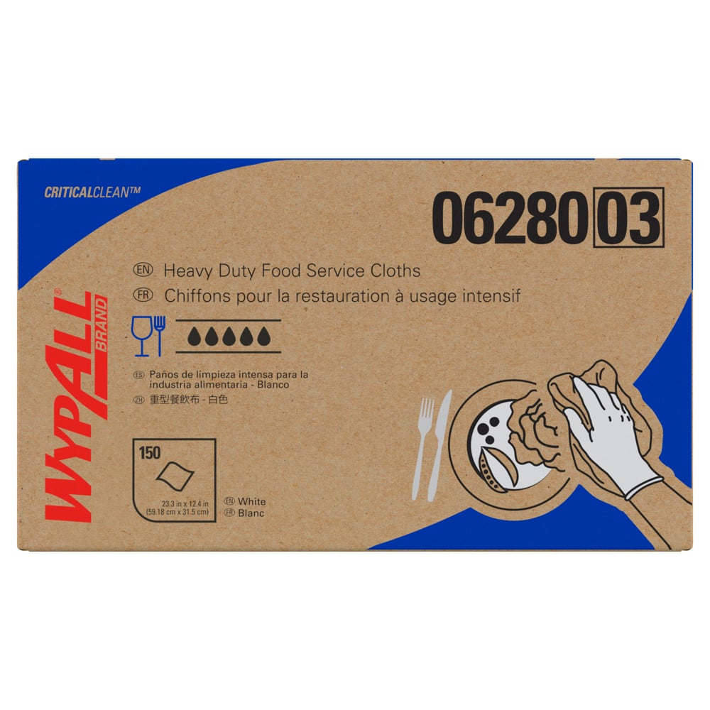 WypAll® CriticalClean™ Ultra Duty Foodservice Cloths (06280), Quarterfold, with Anti-Microbial Treatment, White (150 Sheets/Box, 1 Box/Case, 150 Sheets/Case) - 06280