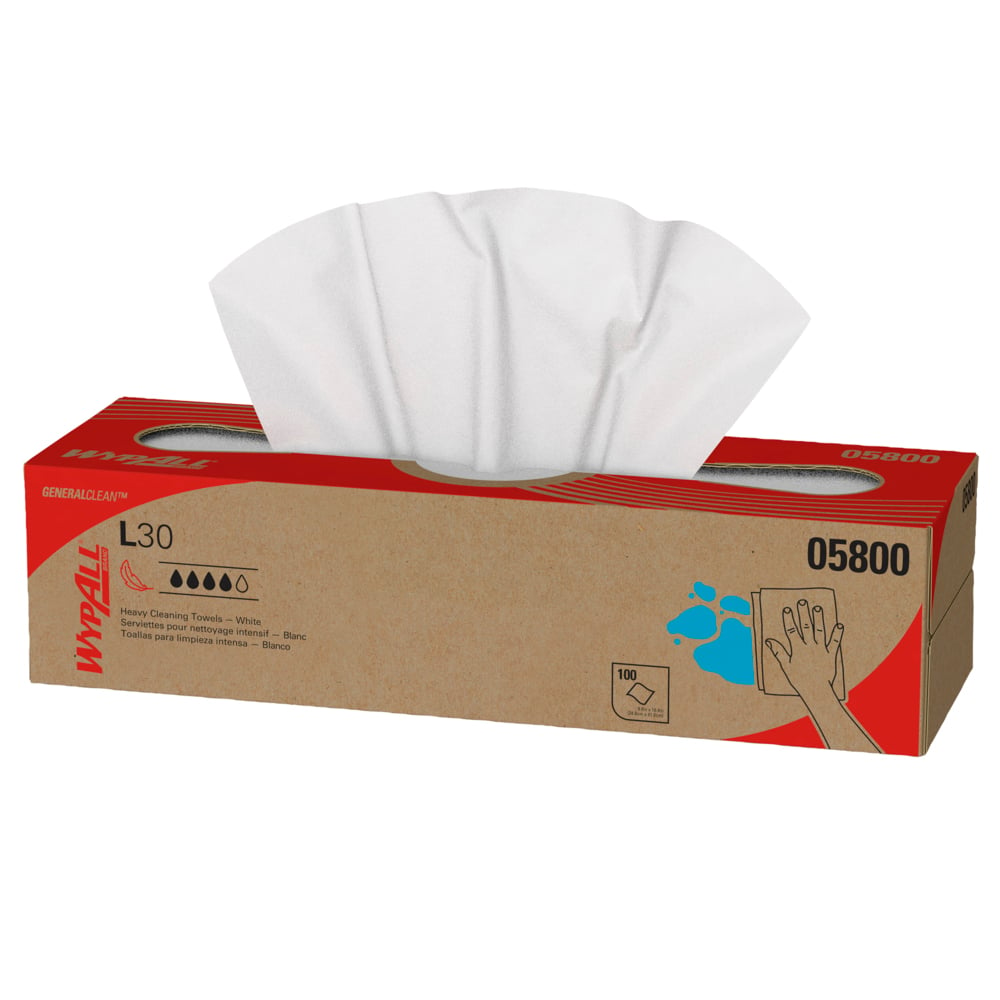 Chiffons de nettoyage très résistants WypAll® GeneralClean™ L30 (05800), boîte Pop-Up, chiffons résistants et doux, blancs (100 feuilles/boîte, 8 boîtes/caisse, 800 feuilles/caisse);Lingettes de nettoyage robuste WypAll® L30 General Clean (05800) résistantes et douces, blanches, 100 lingettes/boîte Pop-Up, 8 boîtes/caisse, 800 lingettes/caisse - 05800