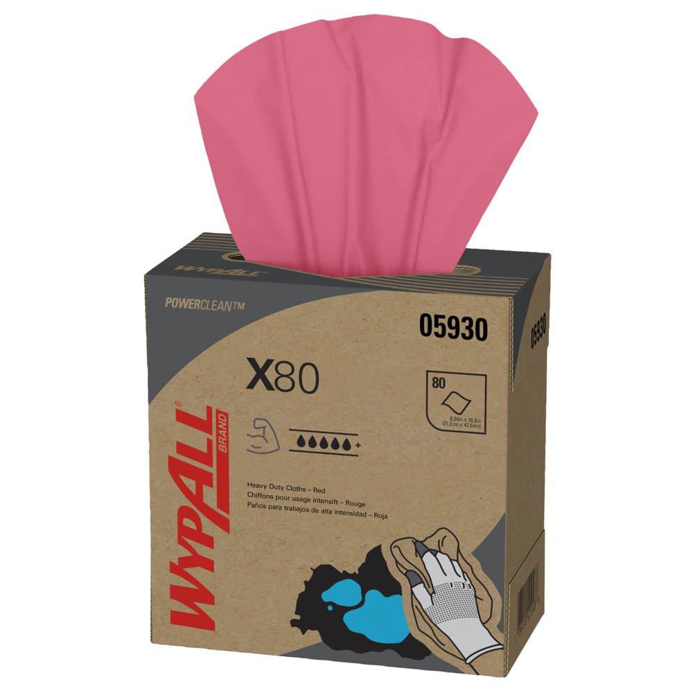 Chiffons de nettoyage robuste WypAll® X80 Power Clean (05930), boîte Pop-Up, rouges, 80 feuilles/boîtes, 5 boîtes/caisse, 400 feuilles/caisse - 05930
