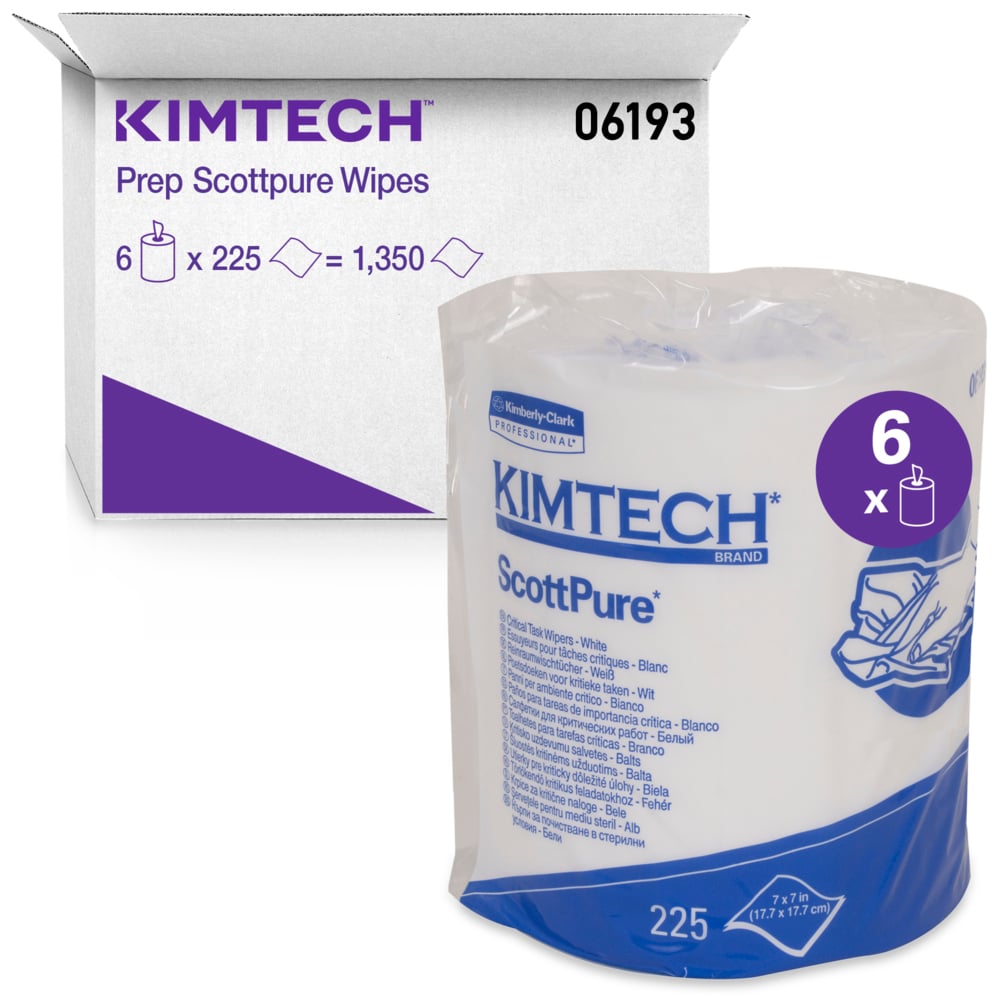 Essuie-tout pour tâches essentielles Kimtech Prep Scottpure (06193), jetable, peu pelucheux, blanc, 6 rouleaux/boîte, 225 feuilles/rouleau, 1 350 feuilles/boîte - 06193